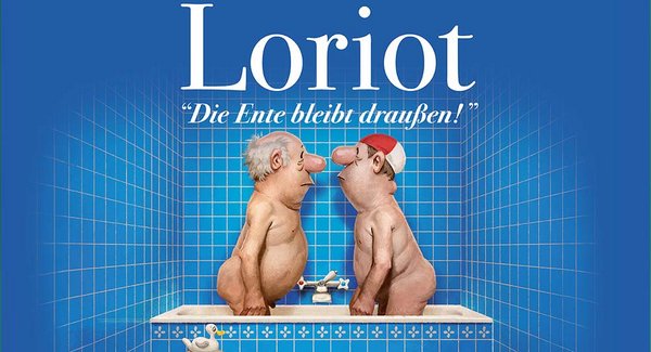 Plakatmotiv Loriot „Die Ente bleibt draußen!“ mit zwei Karikaturfiguren in einer Badewanne